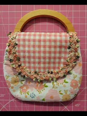 Little Girl's Pink Floral Gingham Handbag with Wooden Handle